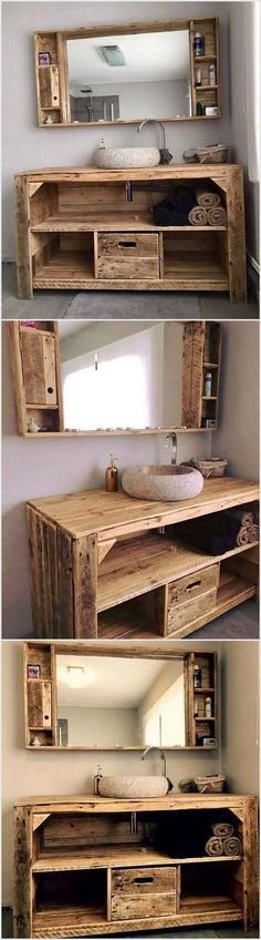 three different views of a wooden dresser with drawers and mirror on top, one in the middle