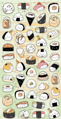 an illustrated poster with sushi and other food items on it's sides, including rice