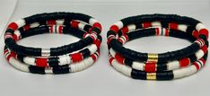 Set of 3 Black Red and White, hand beaded, stretch bracelets. Each strand is made with 6mm Heishi beads and your choice of gold or silver accents. Can customize with any school, team, name or wording of your choice Bracelets Stacking, Heishi Bracelets, Stacking Bracelets, Sports Bracelet, Sport Armband, Kids Bracelets, Beads Bracelet Design, School Team, Bracelet Design