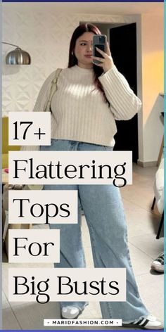 Find flattering tops for big busts that offer stylish solutions to conceal extra inches with grace. These tips and tricks will help you select and style tops that enhance your silhouette while providing a comfortable fit. Look and feel your best with outfits designed to highlight your best features.\tflattering tops | flattering tops for large bust | women tops | tops for women | tops for women | fashion tips | fashion tips for women | trendy tops for women | best tops for women | best tops for large bust | best tops women Tommy Hill Figure Outfits, Cardigan For Big Bust, Outfits Bigger Bust, Winter Outfits Big Bust, Flattering Tops For Big Chest, Flattering Clothes For Big Bust, Big Bust Tops, Fashion For Women With Big Bust, Flattering Shirts For Big Bust