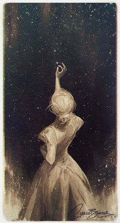 a woman in a white dress with her hand up to the sky and stars above her head