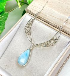 Larimar Necklace - Larimar Jewelry - Pendant Necklace - Larimar Collar The Carribean, Larimar Necklace, Sterling Silver Charms, The Dominican Republic, Scroll Design, Jewelry Pendant, Sterling Silver Charm