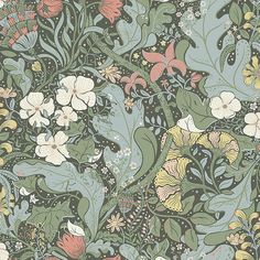 Elise Green Nouveau Gardens Wallpaper Papier Peint Art Nouveau, Green Floral Wallpaper, Tulip Garden, A Street Prints, Sandberg Wallpaper, White And Blue Flowers, Wallpaper For Sale, Tulips Garden, W Wallpaper