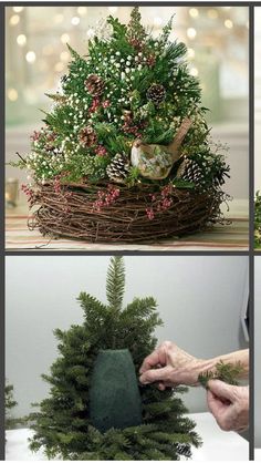 four different pictures showing how to make a christmas tree out of twigs and fake flowers