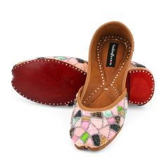 'MULTI SHINE  is an extraordinary jutti intricately hand embroidered on pink silk base with sequins and beads. Like its name, it's perfect for any occasion!PERFECT FOR ANY OCCASION AND ANY OUTFIT!!*Wedding Shoes, Punjabi Jutti, Embellished Bridal Shoes, Beaded Bridal Footwear, Ethnic Indian Shoes,  Juttis, Mojaris, KhussaSPECIFICATIONS:•Upper/Panna -Pink silk base with sequins and beads.•Back/Adda - Pink silk base with sequins and beads.•Lining - Leather•Padding - Double Cushioning for extra com Multicolor Bohemian Flats With Round Toe, Handwork Round Toe Flats For Festival, Handwork Round Toe Festival Flats, Traditional Multicolor Flats With Round Toe, Traditional Multicolor Round Toe Flats, Festival Flats With Handwork And Round Toe, Bohemian Dori Work Flats With Round Toe, Bohemian Flats With Gota Work And Round Toe, Bohemian Handwork Slip-on Flats