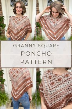 4 images of a granny square crochet poncho pattern being worn outside