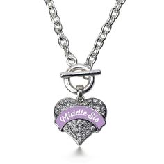 Our sparkling toggle necklace, equipped with a stylish toggle clasp and the Lavender Middle Sister pave heart charm, is crafted from white metal with a silver plated finish and accented with cubic zirconia stones. Light Pink Bridesmaids, Mini Pigs, Princess Necklace, Toggle Necklace, Cubic Zirconia Jewelry, Purple Ribbon, Charm Pendant Necklace, Silver Chain Necklace, Pink Candy