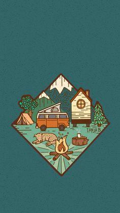 a camper van parked in front of a tent with trees and mountains behind it