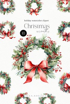 watercolor christmas wreaths with bows and berries