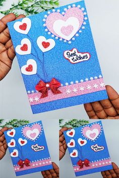 handmade greeting card with hearts and ribbons on it in front of two hands holding cards