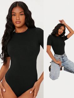 Black Casual Collar Short Sleeve Fabric Plain Tee Embellished Medium Stretch Spring/Summer Women Clothing Casual Short Sleeve Solid Color Bodysuit, Black Short Sleeve Casual Bodysuit For Spring, Casual Black Short Sleeve Bodysuit For Spring, Casual Long Sleeve Summer Bodysuit, Black Short Sleeve Bodysuit For Spring, Casual Long Sleeve Bodysuit For Summer, Casual Solid Color Crew Neck Bodysuit, Trendy Summer Crew Neck Bodysuit, Casual Solid Color Short Sleeve Bodysuit For Spring