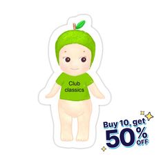 a sticker with an image of a baby wearing a green shirt