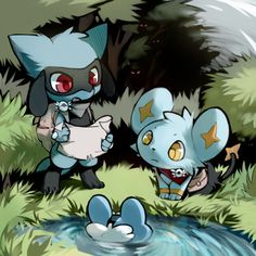 two cartoon characters standing in front of a stream