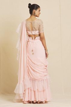 Powder pink pre-stitched ruffle saree. Paired with a floral hand embroidered blouse and ruffle belt with mirror work lace. - Aza Fashions Mirror Work Lace, Mirror Work Saree, Hand Embroidered Blouse, Ruffle Sarees, Saree Georgette, Ruffle Saree, Drape Saree, Embroidery Floral, Blouse For Women