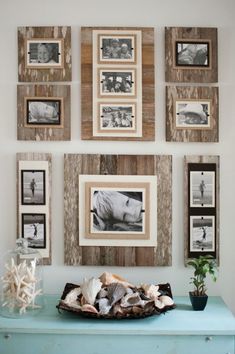 a room with pictures on the wall and an arrangement of shells in front of it