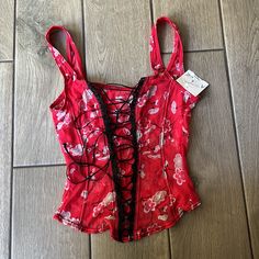 Vtg Bustier Red Top. Nwt. Gorgeous Cherry Blossom And Poppy Design. Made In Canada. Purchased From Nordstrom. Very Sexy And Sheer Bin 12 Red Summer Corset With Built-in Bra, Red Party Corset With Built-in Bra, Red Corset With Built-in Bra For Night Out, Vintage Summer Festival Corset, Summer Red Corset With Straps, Red Summer Corset With Corset Back, Red Corset With Corset Back For Summer, Red Underbust Corset For Summer, Fitted Red Summer Corset