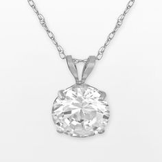 Illuminate your look with this 10k white gold necklace. Featuring a round-cut cubic zirconia pendant, this necklace positively sparkles with style. Enhance any ensemble with this 10k white gold cubic zirconia pendant. Illuminate your look with this 10k white gold necklace. Featuring a round-cut cubic zirconia pendant, this necklace positively sparkles with style. Enhance any ensemble with this 10k white gold cubic zirconia pendant.  Pendant comes in a gift box. Details:  2-carat total weight dia White Solitaire Necklace With Diamond Cut Round Pendant, White Cubic Zirconia Solitaire Necklace With Diamond Cut, White Solitaire Cubic Zirconia Diamond Necklace, White Cubic Zirconia Solitaire Necklace With Round Stone, White Diamond Cut Solitaire Necklace, White Round Diamond Cut Necklace, White Solitaire Necklace With Vs Clarity, White Solitaire Necklace With Vs Clarity For Anniversary, White Gold Necklace