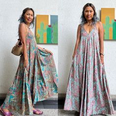 Boho silk blend maxi dress. 70% silk so the fabric is super soft. 20% viscose so fabric is thinker and 10% polyester. Flowy and comfortable. Adjustable length at the back. 2 different color. 2 side pockets. Front and back are the same. One size as measurements: Chest 52 inches max. Hips Free. Length 52 in at the longest ( adjustable) CARE: Hand wash cold. Green Paisley Print Maxi Dress For Vacation, Summer Floor-length Maternity Maxi Dress, Floor-length Maternity Maxi Dress For Summer, Maternity Floor-length Maxi Dress For Summer, Bohemian V-neck Maxi Dress For Maternity, Green Bohemian Maxi Dress With Spaghetti Straps, Bohemian Maternity Maxi Dress With V-neck, Green Paisley Print Maxi Dress For Beach, Bohemian Maxi Dress With Spaghetti Straps And Floral Print