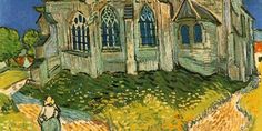 an image of a painting of a woman walking in front of a church that has been van goght