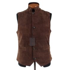 * Front Length (Shoulder Seam To Bottom Point): 27.5 * Back Length (Bottom Of Collar): 25.5 * Pit To Pit: 21.75 * Waist (Flat Across At The Top Of The Pockets): 20.75 * Shoulder (Point To Point): 16.5 Stand Collar Vest For Workwear In Fall, Fitted Brown Outerwear With Stand Collar, Winter Workwear Vest With Stand Collar, Brown Winter Vest For Workwear, Luxury Vest For Fall Workwear, Luxury Winter Vest For Workwear, Luxury Winter Workwear Vest, Brown Fitted Nehru Jacket For Winter, Brown Buttoned Vest For Winter