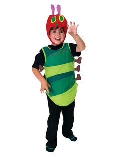 a little boy dressed in a very cute caterpillar costume and waving at the camera