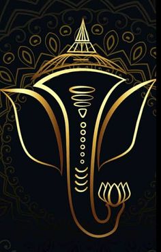 an elephant is shown in gold on a black background with intricate designs and swirls