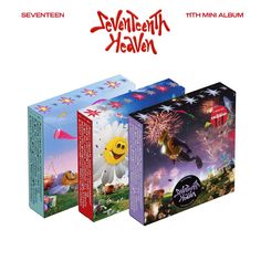 an advertisement for the seventh mini album, featuring two boxes with images of fireworks and cartoon characters