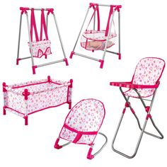 three baby swings with pink and white designs on the sides, one is attached to a swing