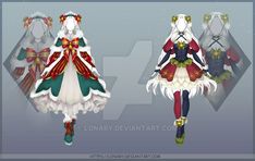 some very pretty anime outfits with bows on their head and legs, all in different colors