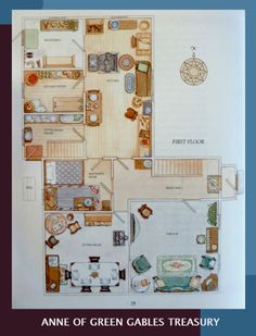 a drawing of a floor plan for a house with lots of furniture and furnishings in it