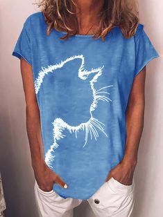 Women's Cat Print Tee Gamle T Shirts, Cut Cat, Animal Print Fashion, Mode Casual, Print Tee, Unique Designers, Online Tops, Grey Women, Cat Shirts