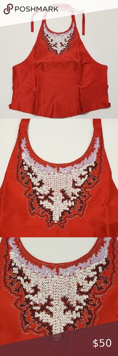 Moda International Silk Embellished Halter New without tags. Perfect condition. Moda International Tops Crop Tops Red Embellished Sleeveless Top, Red Embroidered Holiday Tops, Festive Embellished Red Tops, Red Halter Neck Top For Evening, Red Embellished Tops For Spring, Embellished Red Tops For Spring, Spring Embellished Red Tops, Red Embroidered Tops For Party, Crop Tops