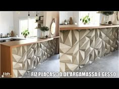 two pictures of a kitchen with an island and counter top made out of concrete blocks