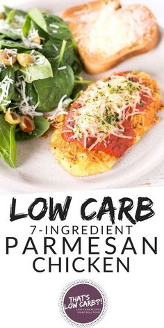 low carb, 7 ingredients parmesan chicken on a plate with spinach and bread