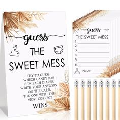 a set of six guess the sweet mess cards with pencils in front of them