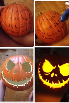 four pictures of pumpkins with faces carved into them, including one for jack - o'- lantern