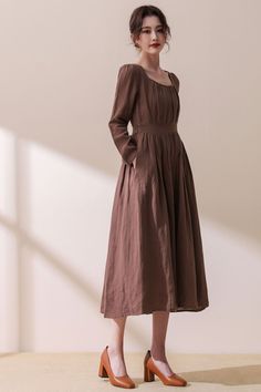 Brown Linen Spring Dress, Fall Midi-length Linen Dress, Casual Brown Linen Maxi Dress, Casual Long Sleeve Brown Linen Dress, Brown Linen Long Sleeve Dress, Linen Dress Women, Linen Midi Dress, Linen Dress, Cute Fits