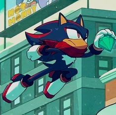 a cartoon character flying through the air with a green object in his hand and buildings in the background