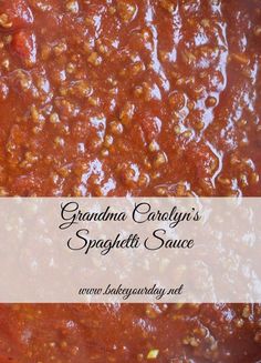 grandma crostini's spaghetti sauce in a pot with the words grandma crostini's spaghetti sauce above it