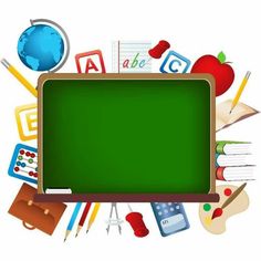 a green chalkboard surrounded by school supplies on a white background with clippings