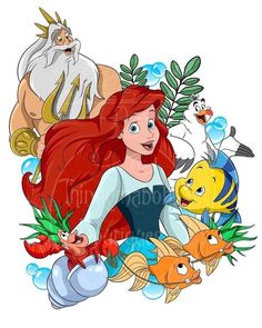 the little mermaid is surrounded by other cartoon characters