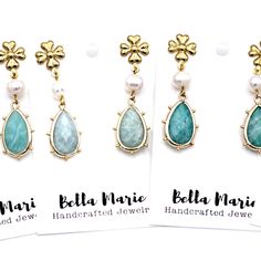 These amazonite earrings have dreamy garden party vibes, just waiting for the perfect dress to pair with them. They feature white fresh water pearl beads paired with gorgeous amazonite teardrop charms. Each earring is topped with a flower-shaped stainless steel post. Please note that each of the amazonite charms are unique and no two are alike. MATERIALS Amazonite Charms Fresh Water Pearl Beads Stainless Steel Ear Posts LENGTH 1 3/4" CARE Direct contact with perfumes and moisture should be avoid Amazonite Earrings, Dreamy Garden, Steel Post, Fresh Water Pearl, Flower Shape, Pearl Beads, Garden Party, Perfect Dress, Fresh Water