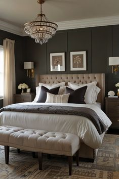 a bedroom with a large bed, chandelier and pictures on the wall above it