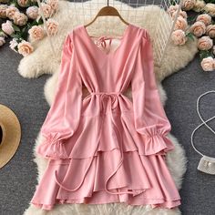 Fabric: blended Color: red, apricot, pink, black Size(cm): free size(1inch=2.54cm) length 81cm bust 96cm waist 96cm sleeve length 61cm Please check the size carefully when you choose items. For more pictures of the dress, please contact us, thank you. V Neck Long Sleeve Dress, Long Shirt Women, Cute V, Elegant Blouses, Dress For Short Women, Long Shirt, Dress Fashion, Flared Sleeves, Stylish Dresses