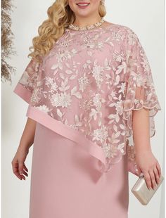 Women's Plus Size Curve Party Dress Lace Dress Cocktail Dress Midi Dress Pink Blue Half Sleeve Floral Lace Summer Spring Fall Crew Neck Fashion Birthday Wedding Guest Vacation Spring Chiffon Mother Of The Bride Dress For Banquet, Summer Party Gown In Lace, Summer Lace Gown For Party, Summer Party Lace Gown, Summer Party Chiffon Mother Of The Bride Dress, Spring Wedding Sheath Dress, Pink Sleeveless Mother Of The Bride Dress For Party, Pink Lace Dress For Party Season, Pink Chiffon Mother Of The Bride Dress For Party