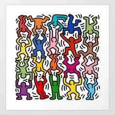 an abstract painting with people in different colors and sizes on the white background art print