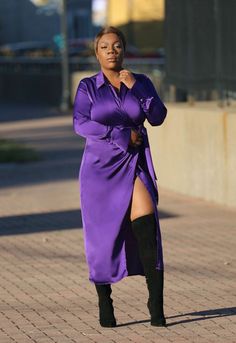 Satin Wrap Midi | ChloeRae Black Women In Purple, Outfit For Church, Satin Wrap Dress, Size 10 Models, Purple Outfits, Wrap Midi Dress, Church Outfits, Turn Up, Lapel Collar