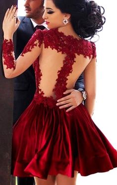 MACloth Long Sleeves Illusion Red Mini Prom Homecoming Dress Lace Wedding Party Dress Red Homecoming Dresses Short, Fitted Cocktail Dress, Homecoming Dresses Lace, Mini Prom Dresses, Red Homecoming Dresses, Beautiful Prom Dresses, Lace Homecoming Dresses, Short Prom Dress, Applique Dress