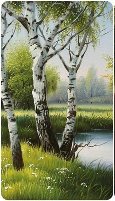 a painting of some trees and water in the grass with flowers on the ground next to it