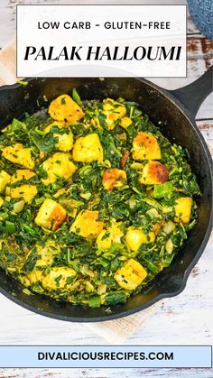 a skillet filled with spinach and tofu